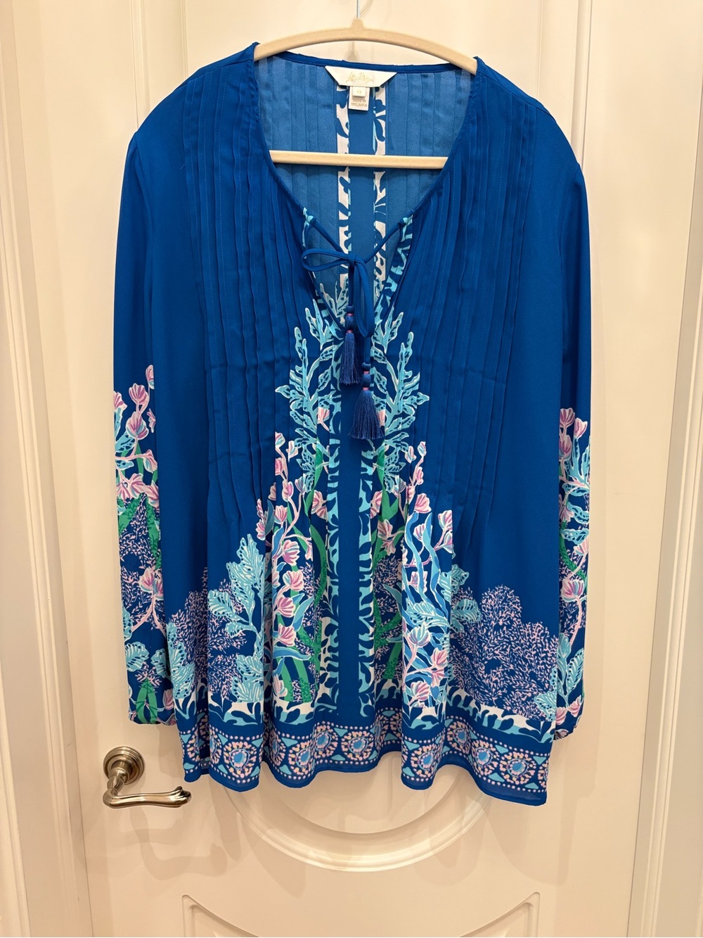 Lilly Pulitzer Royal Blue Floral Pintuck Tie-Neck Tunic